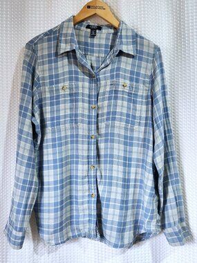 Chaps Women’s XL Blue Plaid Button Down Shirt 100% Cotton Curved Hem Casual
